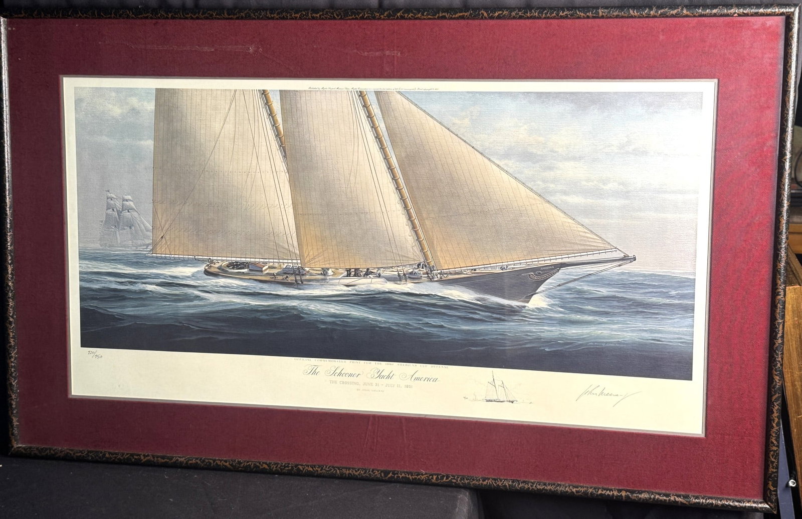 THE SCHOONER YACHT AMERICA: THE SCHOONER YACHT AMERICA, HAND SIGNED LITHGRAPH 920/950 Height: 27 in. by Width: 44