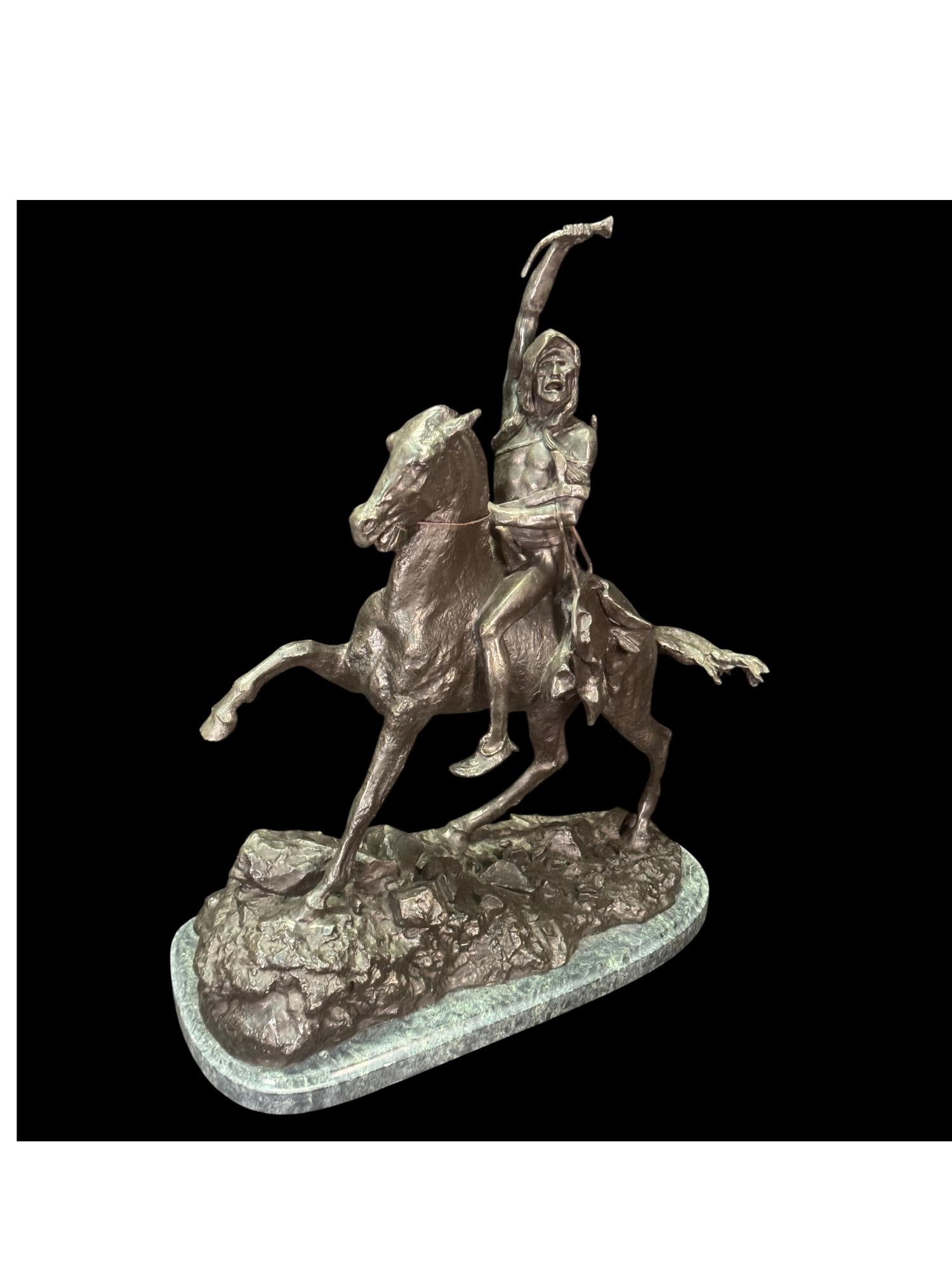AFTER FREDERIC REMINGTON, NATIVE AMERICAN: AFTER FREDERIC REMINGTON, NATIVE AMERICAN RIDER ON HORSEBACK, PATINATED BRONZE ON MARBLE BASE. INSCRIBED 'COPYRIGHT BY FEDERIC REMINGTON". LATER CASTING. Height: 25 in. by Width: 21