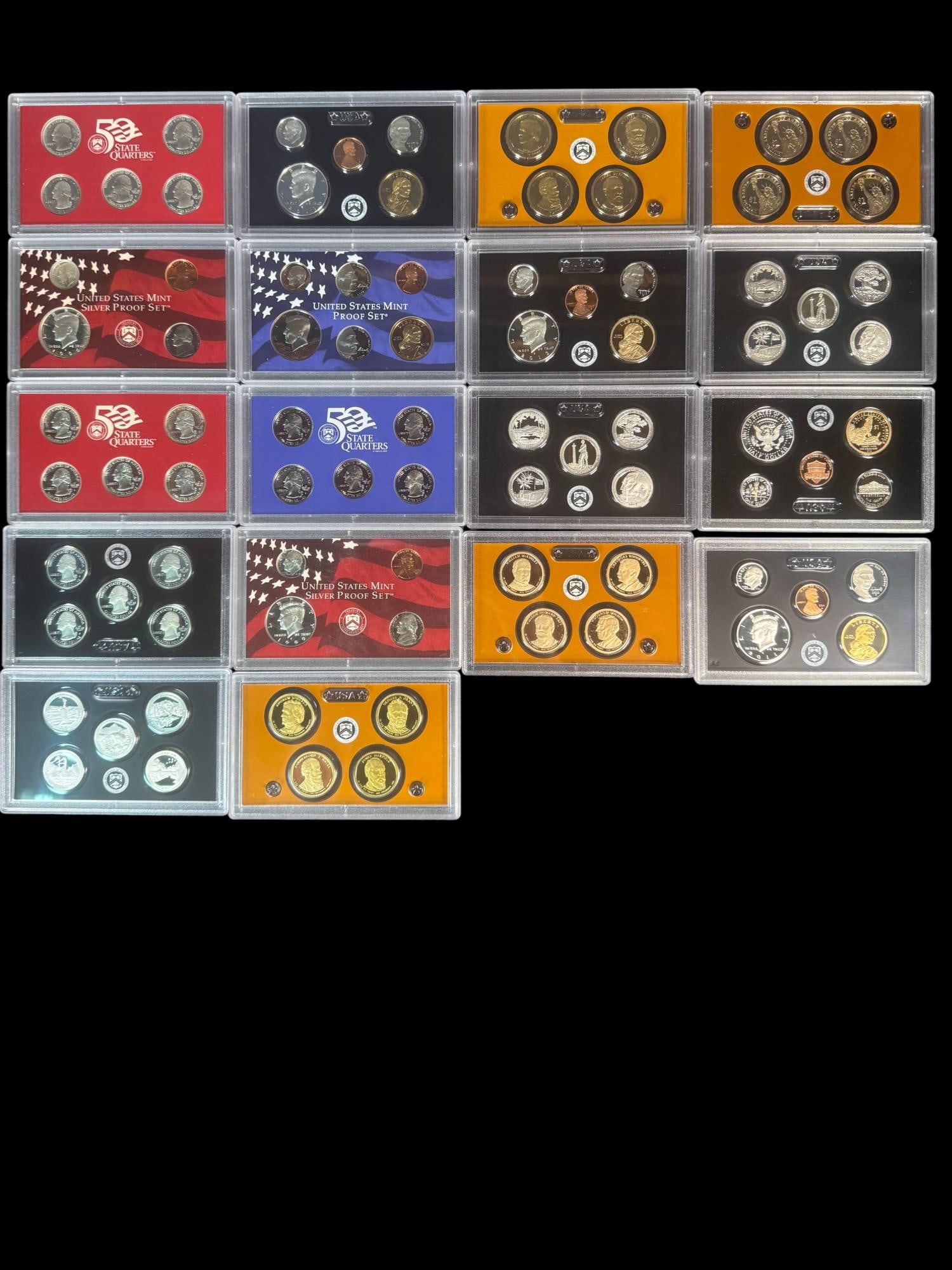 COLLECTION 18 US MINT & SILVER PROOFS: COLLECTION 18 US MINT & SILVER PROOF. 50 STATE QUARTERS PROOF SETS, SILVER PROOF SETS, PRESIDENTIAL $1 COINS, AMERICA THE BEAUTIFUL QUARTERS, AND ASSORTED ANNUAL US MINT COINAGE.
