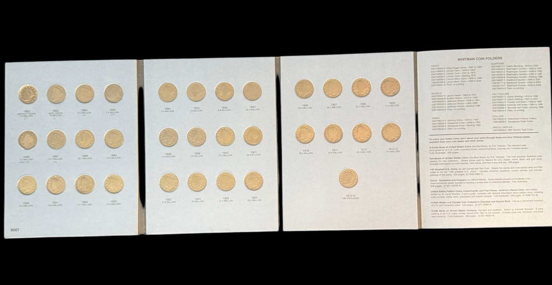 LIBERTY HEAD 'V" NICKEL COLLECTION 1883-1912: LIBERTY HEAD 'V" NICKEL COLLECTION 1883-1912 NEAR COMPLETE HOUSED WHITMAN COIN FOLDER INCLUDING THE DESIRABLE 1885, 1886 AND LOW -MINTAGE1912 -S KEY DATES ALONG WITH 1883 NO CENTS AND WITH CENTS VARIE