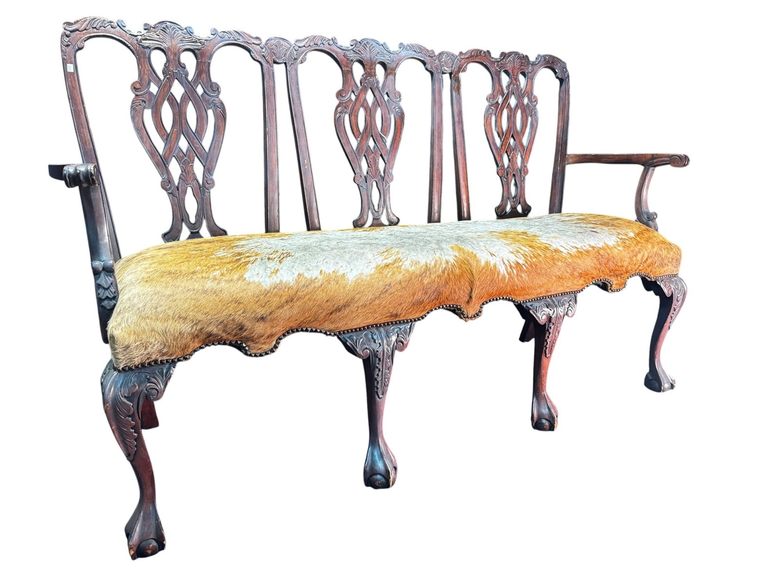 ANTIQUE CHIPPENDALE SETEE WITH COWHIDE (1 of 4)