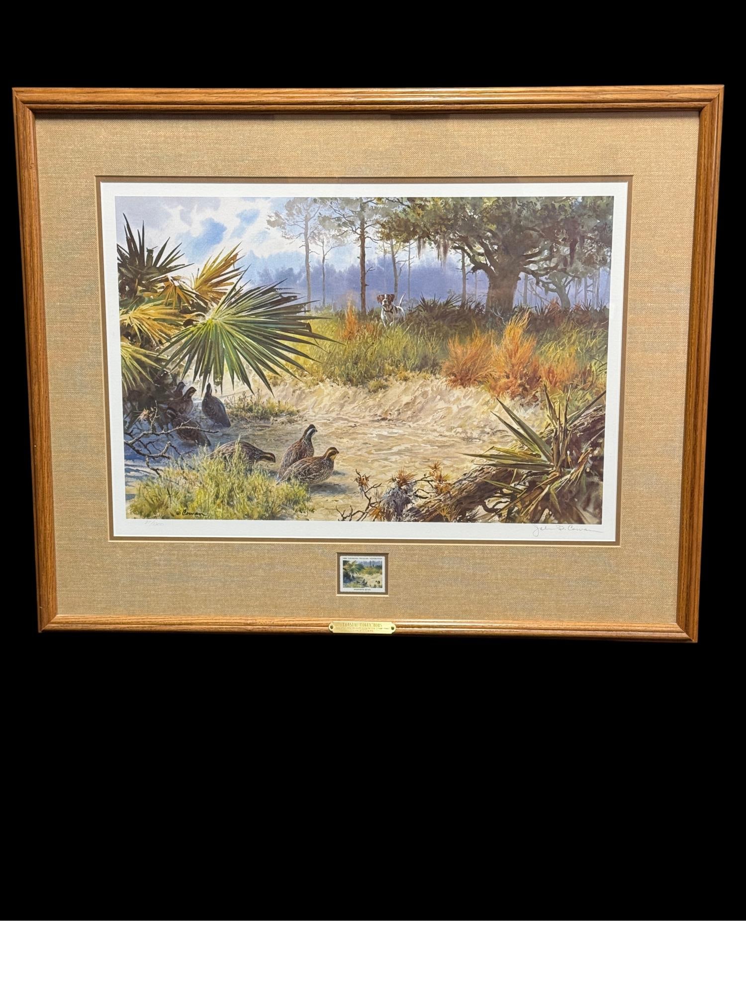 JOHN P COWAN "COASTAL COVEY BOBS": JOHN P COWAN "COASTAL COVEY BOBS" 1986 LOUISIANA WILDLIFE FEDERATION STAMP PRINT SIGNED AND NUMBERED LIMITED EDITION WITH BRASS BRASS TITLE PLAQUE Height: 23.75 in. by Width: 29.5