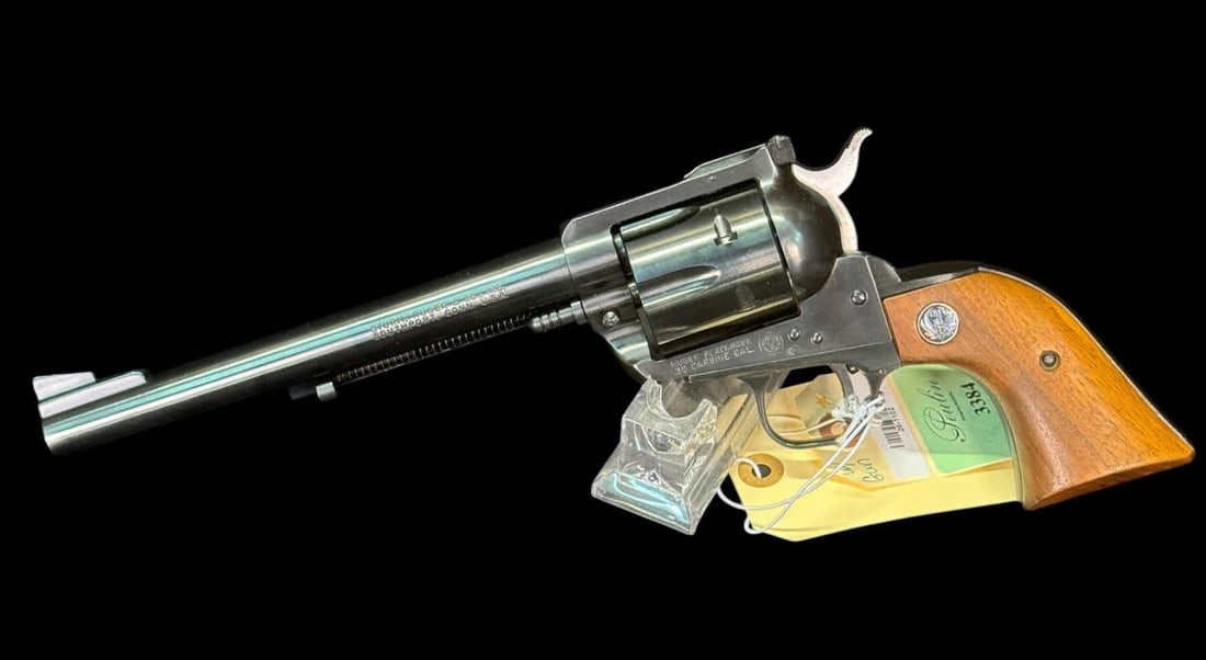 RUGER OLD MODEL 30 CARBINE BLACKHAWK REVOLVER: RUGER OLD MODEL 30 CARBINE BLACKHAWK REVOLVER WITH BOX. Cal. 30 Carb. Bbl. 7 1/2" with serrated blade integral to ramped base front sight; factory frame mounted adjustable rear. Mfg. 1968 (1968-1973) 