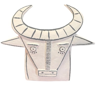 ART POTTERY POCKET OF A BULL: ART POTTERY POCKET OF A BULL. 12 in. high by 11.5 in. wide by 4 in. deep.