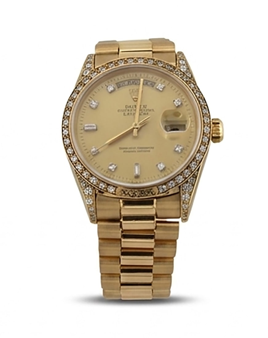 ROLEX 36mm 18KT YELLOW GOLD WATCH: ROLEX 36mm 18KT YELLOW GOLD WATCH WITH DAY DATE, ALL FACTORY DIAMONDS, SINGLE QUICKSET.