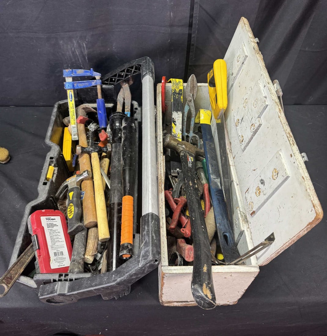 TWO-TOOL BOXES OF AN ASSORTMENT OF TOOLS.: TWO-TOOL BOXES OF AN ASSORTMENT OF TOOLS. HAMMERS, CLAMPS, VARIETY DIFFERENT TYPES OF PLIERS, SAWS, ETC.