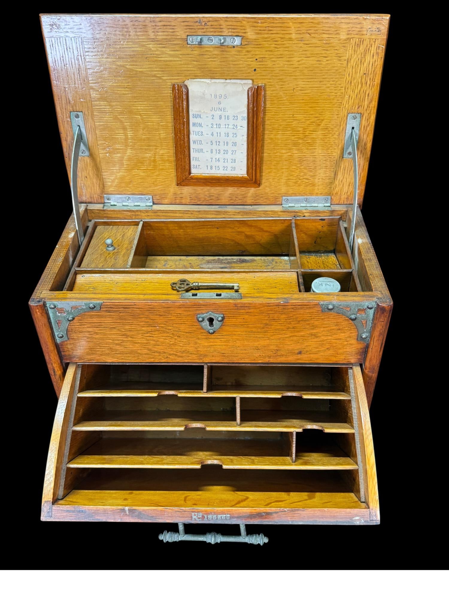 VICTORIAN OAK STATIONARY BOX. DATED 1895: VICTORIAN OAK STATIONARY BOX. DATED 1895. FINE LATE 19TH CENTURY QUARTER-SAWN OAK CORRESPONDENCE CABINET. DECORATIVE METAL MOUNTS AND HARDWARE. Height: 11 in. by Width: 12 in. by Depth: 7.25