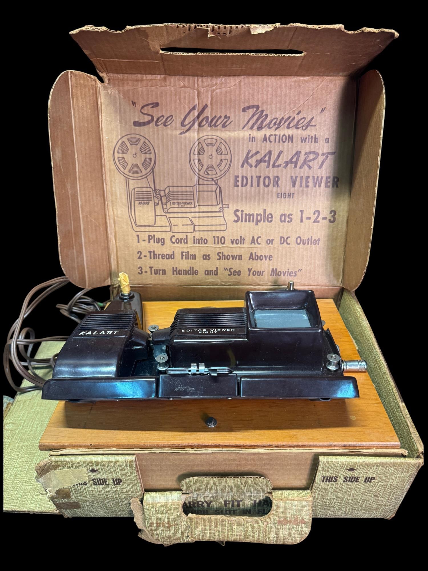 VINTAGE KALART EDITOR VIEWER EIGHT - 8MM FILM: VINTAGE KALART EDITOR VIEWER EIGHT - 8MM FILM VIEWER / EDITOR WITH ORIGINAL BOX. MID-CENTURY KALART TABLETOP VIEWER / EDITOR MOUNTED ON WOOD BASE.