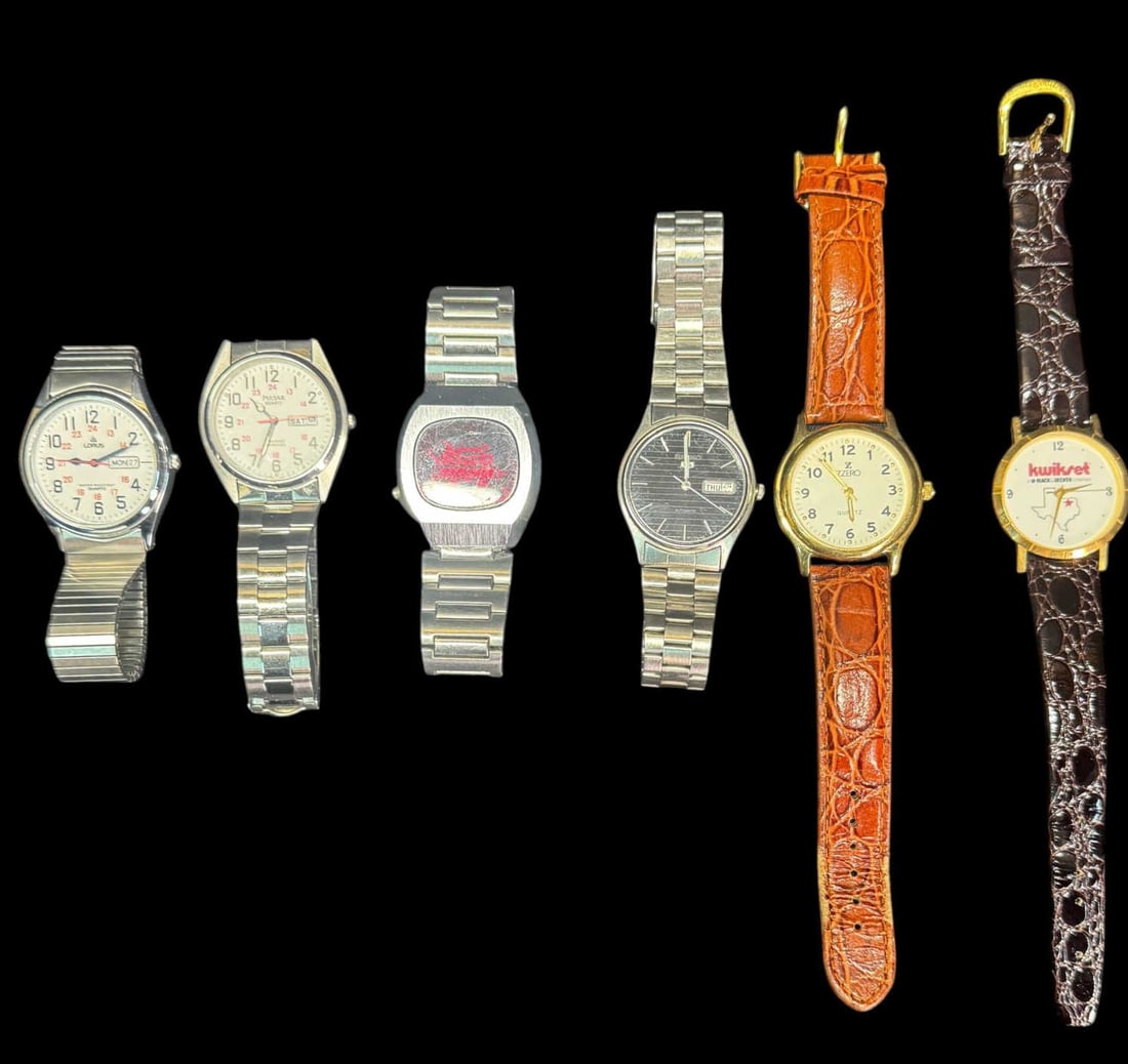 SIX VINTAGE WATCHES - ASSORTED VARIETY: SIX VINTAGE WATCHES - ASSORTED VARIETY; LORUS, PULSAR QUARTZ, SEIKO, A DIGITEL LED-STYLE WATCH, ZERO QUARTZ AND A KWIKSET PROMOTIONAL WATCH.