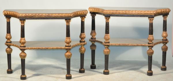 PAIR OF TILED MARBLE CLAD & GILDED CONSOLE TABL: PAIR OF TILED MARBLE CLAD & GILDED CONSOLE TABLES. Height: 34 in. by Width: 45 BACKEND in. by Depth: 17 in.