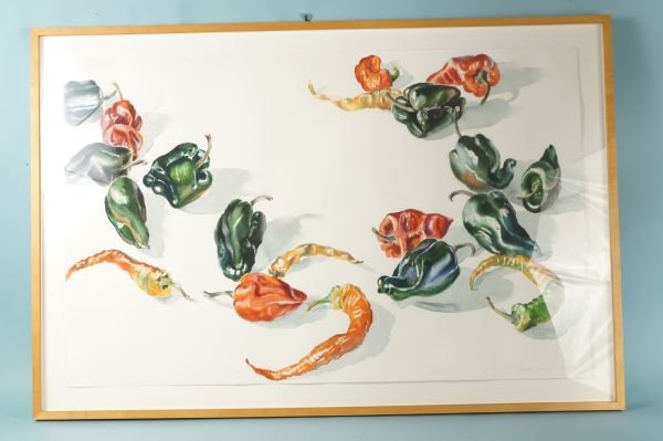 ANSTIS LUNDY "PEPPERS" WATERCOLOR, 1981: ANSTIS LUNDY "PEPPERS" WATERCOLOR, 1981. PROVENANCE: WILSON INDUSTRIES. Height: 30 1/2 in. by Width: 45 1/2 in. by Depth: 1 in.