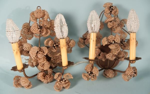 PAIR OF TWO-LIGHT BEADED PEARL WALL SCONCES: PAIR OF TWO-LIGHT BEADED PEARL WALL SCONCES. PROVENANCE: FROM THE KEN LAY ESTATE. Height: 13 in. by Width: 12 in. by Depth: 7 in.