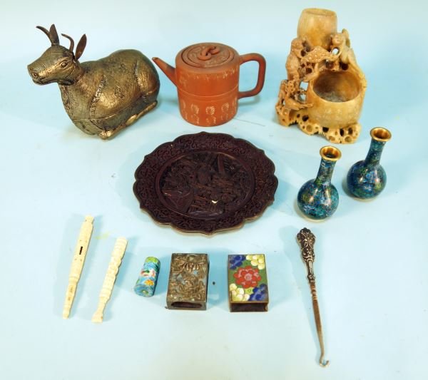 MIXED LOT OF TWELVE SMALL PIECES: MIXED LOT OF TWELVE SMALL PIECES. SOAPSTONE CARVING, CLOISONNE VASES, MATCHBOX COVERS, SILVER SHOES BUTTONER, SEWING TOOLS, EARTHEN TEA POT, CINNABAR PLATE AND METAL ANIMAL BOX. Height: 7 in. by Width