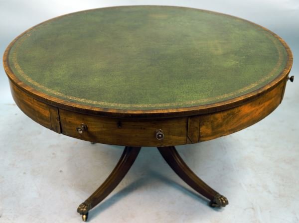 19th CENTURY AMERICAN CLASSICAL DRUM TABLE: 19th CENTURY AMERICAN TOOLED LEATHER TOP CLASSICAL DRUM TABLE. CIRCA 1830-1840. PROVENANCE: FROM THE FULBRIGHT & JAWORSKI COLLECTION. Height: 28 1/2 in. by Width: 49 in.