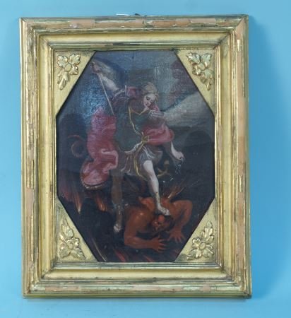 18th CENTURY A. RENA OIL ON PANEL ICON , CIRCA 1700's: 18th CENTURY SPANISH ICON OF SAN MIGUEL OIL ON PANEL IN GILDED FRAME, SIGNED A. RENA. CIRCA 1700's. FROM THE ESTATE OF DON YARTON. Height: 13 in. by Width: 11 in. by Depth: 1 in.
