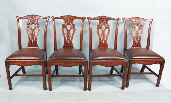 FOUR CHIPPENDALE CHAIRS BY THEODORE ALEXANDER: LOT OF FOUR CHIPPENDALE STYLE CHAIRS WITH STRAIGHT LEG BY THEODORE ALEXANDER WITH LEATHER SEATS. Height: 39 in. by Width: 21 in. by Depth: 19 in.