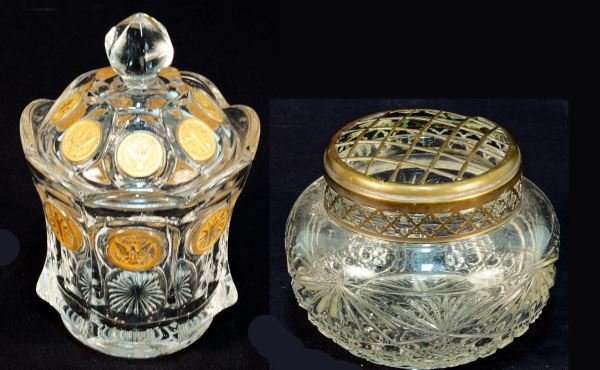LOT OF TWO GLASS JARS: LOT OF TWO GLASS JARS. Height: 7 and 5 in. by Width: 4 1/4 and 5 1/2 in.
