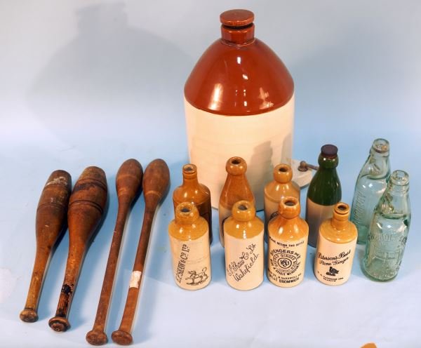 BOXED LOT OF BOTTLES AND WOODEN PINS: BOXED LOT OF BOTTLES AND WOODEN PINS. Height: 15 1/2 in. by Width: 9 in. by Depth: 9 in.