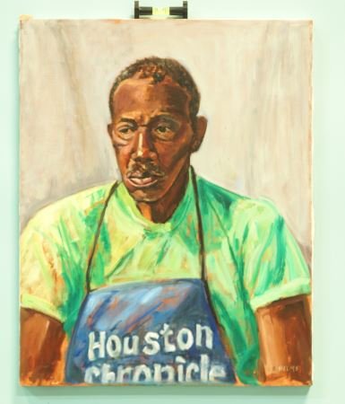 SUZANNE NELMS "CHRONICLE WORKER" OIL ON CANVAS: SUZANNE NELMS "CHRONICLE WORKER" OIL ON CANVAS PAINTING. Height: 20 in. by Width: 16 in. by Depth: 1 in.