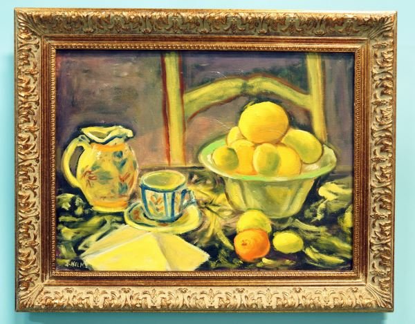 SUZANNE NELMS "STILL LIFE WITH FRUIT" OIL/CANVAS: SUZANNE NELMS "STILL LIFE WITH FRUIT" OIL ON CANVAS. Height: 16 and 11 1/2 in. by Width: 20 and 15 1/2 in. by Depth: 1 in.