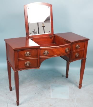 VINTAGE MAHOGANY VANITY TABLE: VINTAGE MAHOGANY VANITY TABLE. Height: 30 1/8 in. by Width: 48 in. by Depth: 19 in.