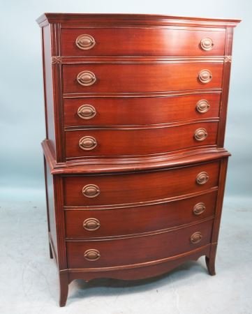 MAHOGANY HIGHBOY CHEST OF DRAWERS: MAHOGANY HIGHBOY CHEST OF DRAWERS. Height: 56 1/4 in. by Width: 36 in. by Depth: 20 in.