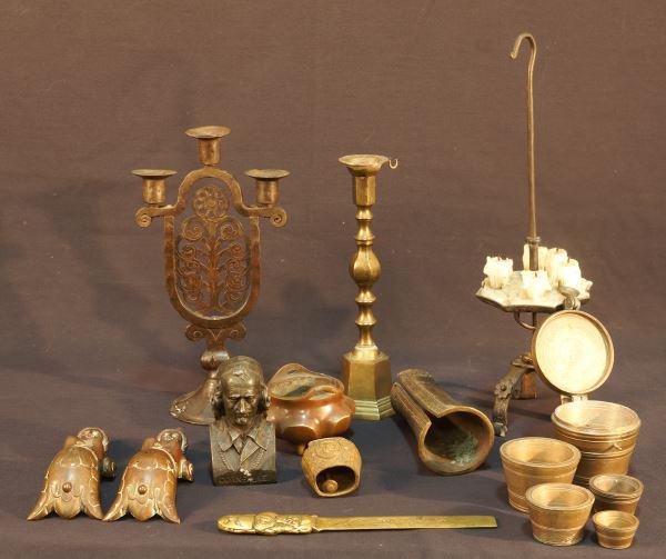 MIXED LOT OF ELEVEN BRASS PIECES: MIXED LOT OF ELEVEN BRASS PIECES. JAPANESE LETTER OPENER, BRASS CANDLESTICK, LEAD BUST, ANTIQUE BRONZE CARYATIDS, NORTH AFRICAN BRACELET, BELL, ART DECO CANDLESTICK, ASIAN BRONZE CENSER, IRON CANDLE F