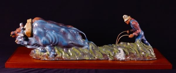 LUIS JIMENEZ "FARMER & OXEN" FIBERGLASS SCULPTURE: LUIS JIMENEZ (TEXAN) "FARMER & OXEN" FIBERGLASS SCULPTURE, EDITION NUMBER 2/5, 1982. PROVENANCE: FROM THE WILSON INDUSTRIES ART COLLECTION. Height: 10 in. by Width: 15 in. by Depth: 36 in.