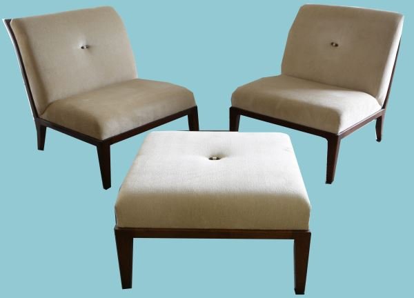 PAIR OF BAKER CHAIRS AND OTTOMAN: PAIR OF BAKER CHAIRS WITH MATCHING OTTOMAN. Height: 34 1/2 in. by Width: 30 in. by Depth: 30 in.