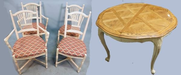 FIVE-PIECE COUNTRY FRENCH DINING SET: FIVE-PIECE COUNTRY FRENCH DINING SET. TABLE AND 2 SIDE AND 2 ARMCHAIRS. Comes with three 15" leaves, lighter in color, sold as is. Height: 30 and 39 in. by Width: 47 and 26 in. by Depth: 47 and 26 in.