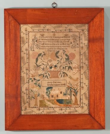 19th CENTURY FRAMED SAMPLER, CIRCA 1840: 19th CENTURY FRAMED SAMPLER. CIRCA 1840. Height: 22 & 16 1/2 in. by Width: 18 & 12 in. by Depth: 1 in.