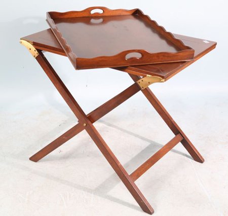 ENGLISH STYLE MAHOGANY BUTLER'S TRAY: ENGLISH STYLE MAHOGANY BUTLER'S TRAY. WITH LIFT OFF RECTANGULAR TRAY, SCALLOPED GALLERY, ON STAND WITH FOLDING X BASE. Height: 28 in. by Width: 28 in. by Depth: 20 in.