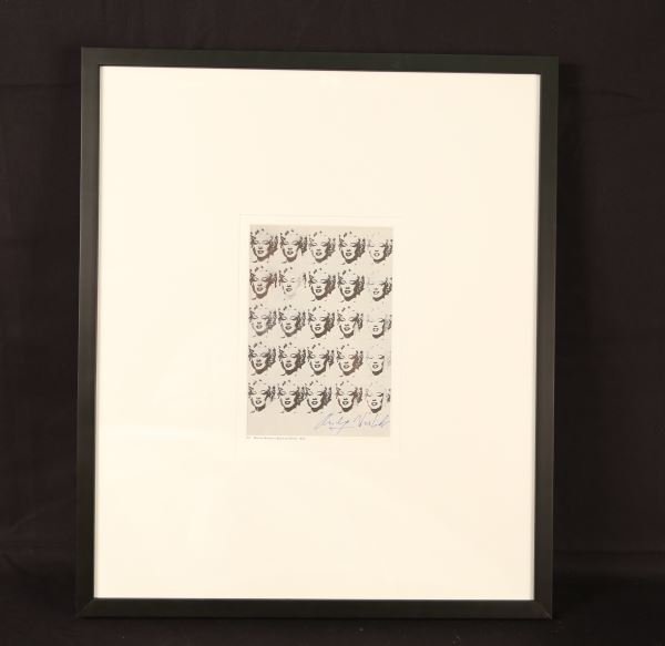 ANDY WARHOL "MARILYN MONROE IN BLACK AND WHITE": ANDY WARHOL "MARILYN MONROE IN BLACK AND WHITE" SIGNED IN BLUE PEN ON THE BOTTOM RIGHT. Height: 25 in. by Width: 21 in. by Depth: 1 in.