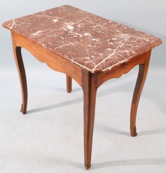 19th CENTURY FRENCH MARBLE TOP TEA TABLE: 19th CENTURY FRENCH MARBLE TOP TEA TABLE WITH SINGLE DRAWER ON SABER LEGS. Height: 26 in. by Width: 211/2 in. by Depth: 30 in.