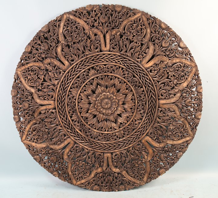 WOOD CARVED INDONESIAN WALL PLACQUE: WOOD CARVED INDONESIAN WALL PLACQUE. Height: 58 in. by Width: 58 in.