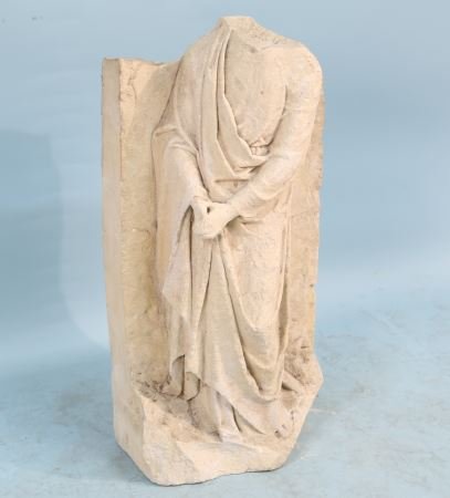 ROMAN CARVED LIMESTONE SANS HEAD SCULPTURE: ROMAN CARVED LIMESTONE SANS HEAD SCULPTURE. Height: 32 in. by Width: 16 in. by Depth: 19 in.