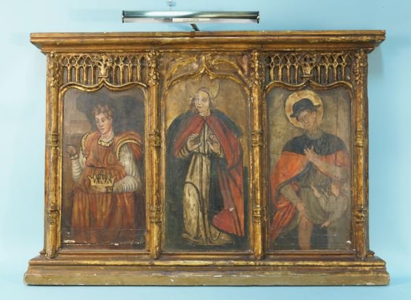 16th CENTURY CONTINENTAL TRYPTIC OIL ON WOOD: 16th CENTURY CONTINENTAL TRYPTIC OIL ON WOOD WITH SAINT SPREAD WITHIN GOTHIC PANELS. Height: 27 in. by Width: 38 in. by Depth: 2 1/2 in.