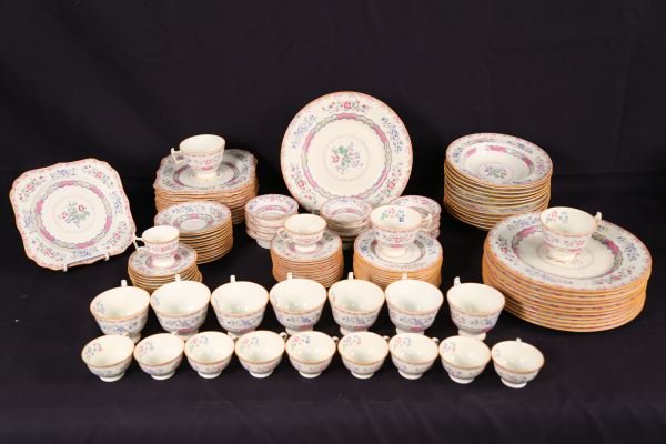 LOT OF 140-PIECES OF "MORELLA" ROYAL DOULTON CHINA: LOT OF 140-PIECES OF "MORELLA" ROYAL DOULTON, ENGLAND PORCELAIN CHINA. 12 DINNER (1" X 10") PLATES. 12 SALAD (1" BY 8") PLATES. 12 SOUP (1 1/2 X 8") BOWLS. 12 SQUARE (1 X 8") PLATES. 12 (1 BY 5 1/2")