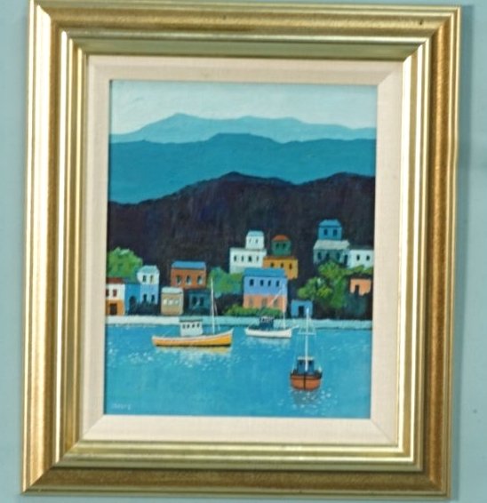 HERB MEARS "HARBOR SCENE" OIL ON PANEL: HERB MEARS "HARBOR SCENE" OIL ON PANEL PAINTING. Height: 12 and 9 1/2 in. by Width: 14 and 7 1/2 in. by Depth: 1 in.