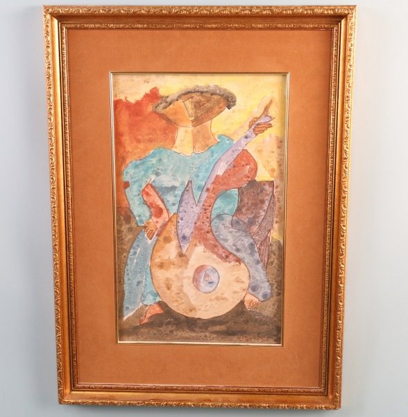 ALFRED ROGOWAY "WOMAN WITH CELLO" WATERCOLOR: ALFRED JOHN ROGOWAY (1899-1990) "WOMAN WITH CELLO" WATERCOLOR PAINTING. Appraised value $1800.00 in 1996. Born in Portland, Oregon, he lived and painted all over the world and made his home in Mihas, 