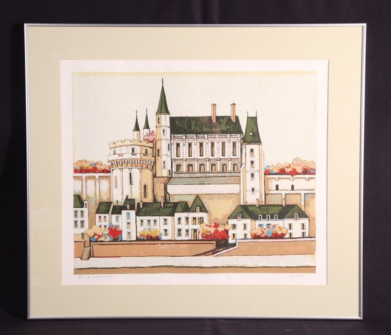 DAVID ADICKES TOWNSCAPE PRINT: DAVID ADICKES TOWNSCAPE PRINT. Height: 26 in. by Width: 30 in. by Depth: 1 in.