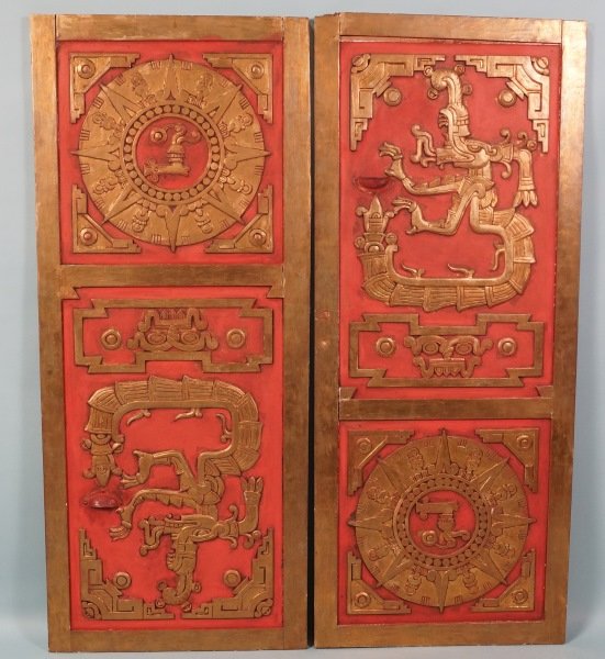 PAIR OF AZTEC STYLE MAYAN GILT AND PAINTED WALL PANELS: PAIR OF AZTEC STYLE MAYAN GILT AND PAINTED WALL PANELS Height: 60 in. by Width: 25 in. by Depth: 1 in.