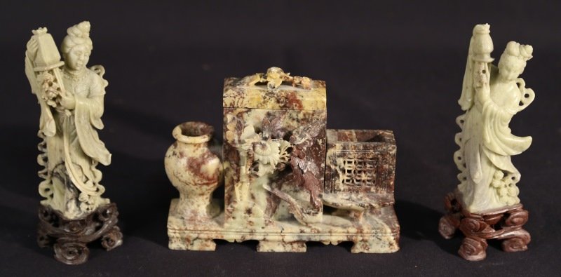 THREE CHINESE CARVED SOAPSTONE PIECES: THREE CHINESE CARVED SOAPSTONE PIECES (WATCH HOLDER & TWO FEMALE IGURES). Height: 6 in. by Width: 8 in. by Depth: 2 in.