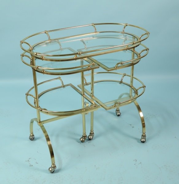 MID-CENTURY MODERN BRASS BAR CART: MID-CENTURY MODERN BRASS BAR CART. Height: 29 in. by Width: 31 in. by Depth: 18 1/2 in.