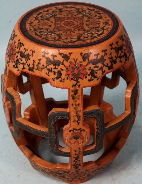 LACQUERED CHINESE STOOL: LACQUERED CHINESE STOOL. Height: 17 in. by Width: 14 in. by Depth: 14 in.