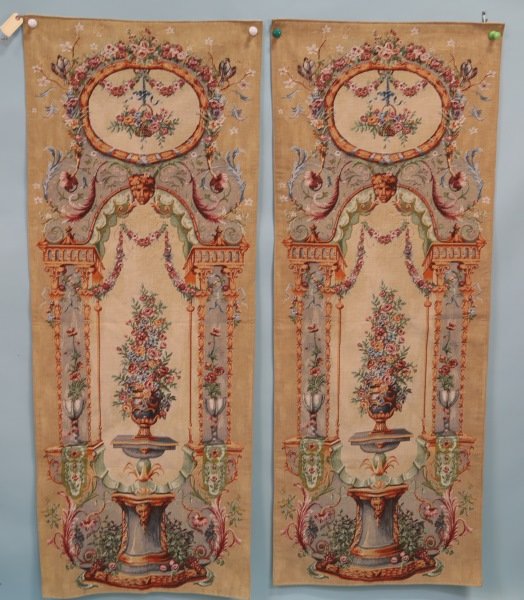 PAIR OF MACHINE MADE AUBUSSON STYLE TAPESTRIES: PAIR OF MACHINE MADE AUBUSSON STYLE TAPESTRIES. Height: 6 ft. 0 in. by Width: 2 ft. 0 in.