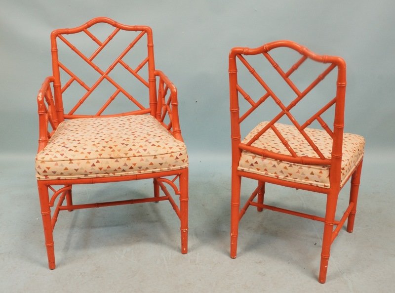 SET OF EIGHT VINTAGE FAUX BAMBOO DINING CHAIRS: SET OF EIGHT VINTAGE FAUX BAMBOO DINING CHAIRS. TWO ARM AND SIX SIDE CHAIRS. Height: 36 in. by Width: 17 in. by Depth: 17 in.