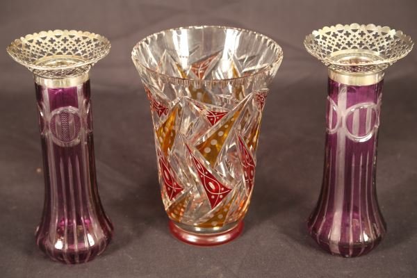 THREE ART DECO EUROPEAN VASES: THREE ART DECO EUROPEAN ART GLASS VASES. TWO WITH STERLING SILVER MOUNTS. Height: 8 in. by Width: 6 in. by Depth: 6 in.