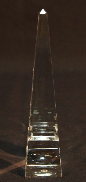 BACCARAT CRYSTAL OBELISK: BACCARAT CRYSTAL OBELISK. Height: 10 in. by Width: 2 in. by Depth: 2 in.