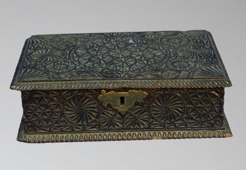 ANTIQUE CARVED GOTHIC DESIGN DOCUMENT BOX: ANTIQUE CARVED GOTHIC DESIGN DOCUMENT BOX. Height: 4 in. by Width: 12 in. by Depth: 8 in.